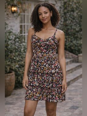 Hinge Dress Gray Floral Sleeveless Mini Tiered Ruffle